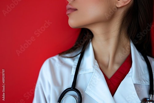 Female surgeon, stethoscope around neck, solid red background, focused and ready