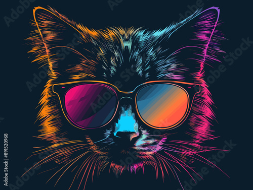Cat with sunglasses. Vector illustration on black background. Design for t-shirt.