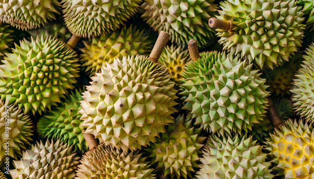 Fresh durian fruit at the market in large quantities. Background texture of durians. King of fruit Fresh durian fruit at the market in large quantities. Background texture of durians. King of fruit