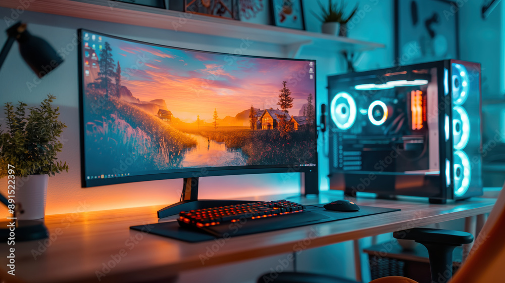 Ultrawide Gaming Setup in Cozy Home Office with RGB Lights and Scenic Wallpaper