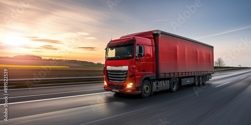 Photo of a truck driving on the highway, moving forward with a fast motion blur background. Trucking and global logistics concept. 