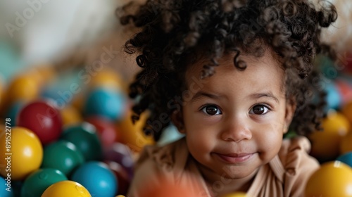 A baby with curly hair smiles while sitting in a colorful ball pit. The bright, engaging environment highlights the baby's cheerful expression and playful innocence.