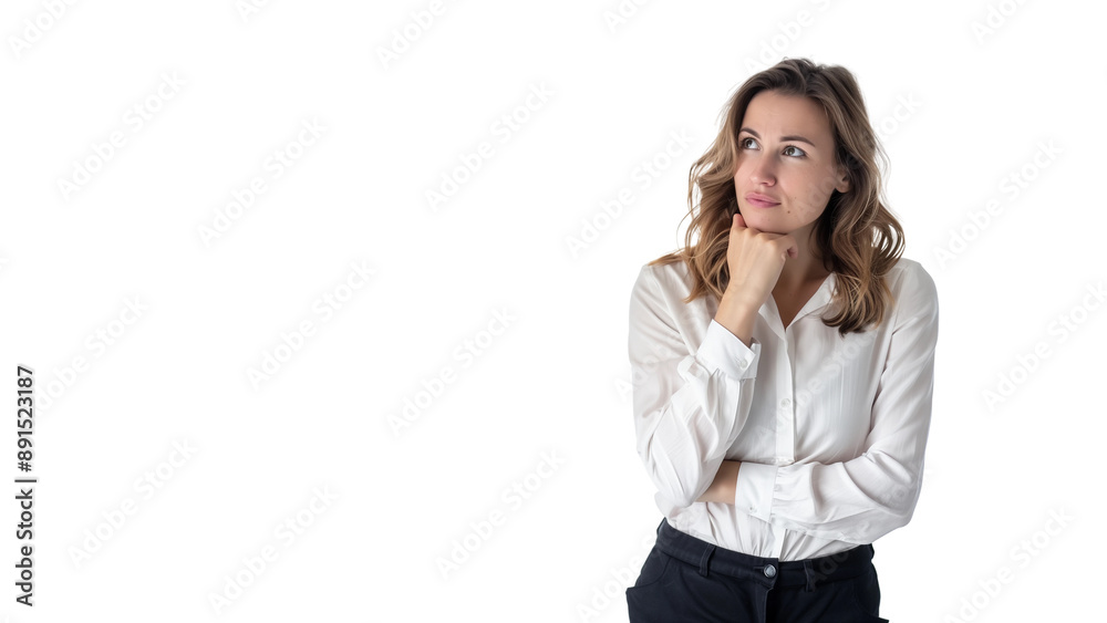 Woman thinking while looking up,doubtful and hesitant,isolated on white background,web banner. Woman thinking while looking up,doubtful and hesitant,isolated on white background,web banner.