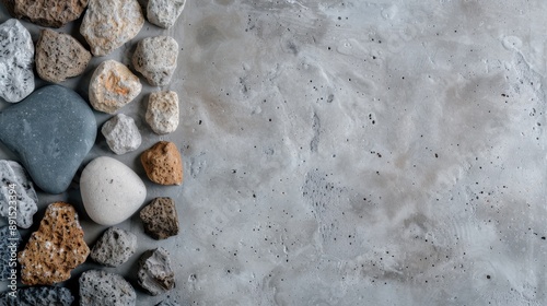 An assortment of stones in different shapes and textures are artistically distributed on a smooth concrete background, creating a natural and earthy composition.