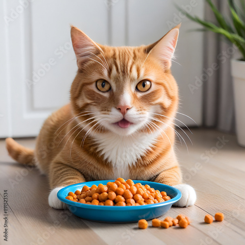 Ginger Cat Enjoying Kibble from Blue Bowl on Hardwood Floor in Cozy Home Setting Generative AI photo