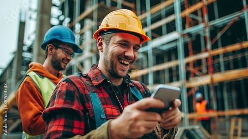 Smiling construction workers checking their smartphone 