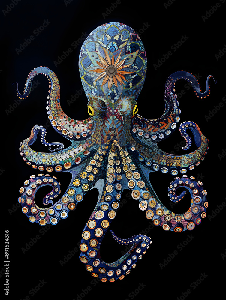 octopus in the art style of bold colours and quilted patterns, whimsical designs, Burgundy and blue earth tone colours, Bright Gold foil floral octopus in the art style of bold colours and quilted patterns, whimsical designs, Burgundy and blue earth tone colours, Bright Gold foil floral