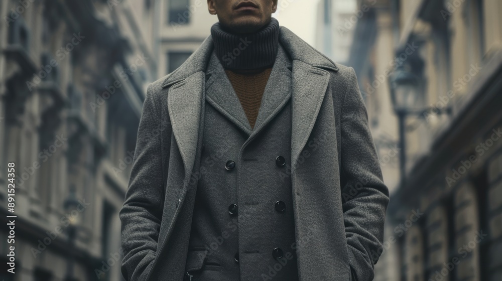 A man in a gray coat and a brown sweater stands in front of a building. He is wearing a tie and he is dressed for a formal occasion A man in a gray coat and a brown sweater stands in front of a building. He is wearing a tie and he is dressed for a formal occasion