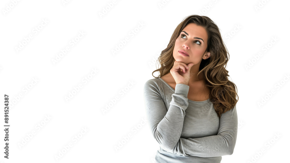 Woman thinking while looking up,doubtful and hesitant,isolated on white background,web banner. Woman thinking while looking up,doubtful and hesitant,isolated on white background,web banner.