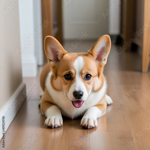 Cute Corgi puppy sitting on living room background, perfect for pet portrait Generative AI © Thossaphon