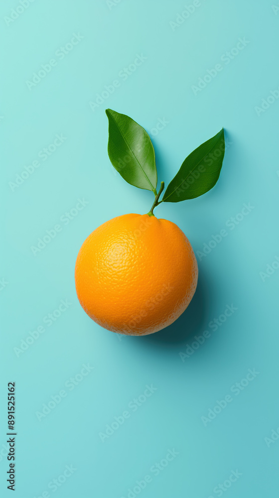 Orange fruit with leaves. Orange fruit branch on pastel blue turquoise background, studio minimal concept. Minimalist summer orange fruit citrus food concept, top view. Realistic Photo Orange fruit with leaves. Orange fruit branch on pastel blue turquoise background, studio minimal concept. Minimalist summer orange fruit citrus food concept, top view. Realistic Photo