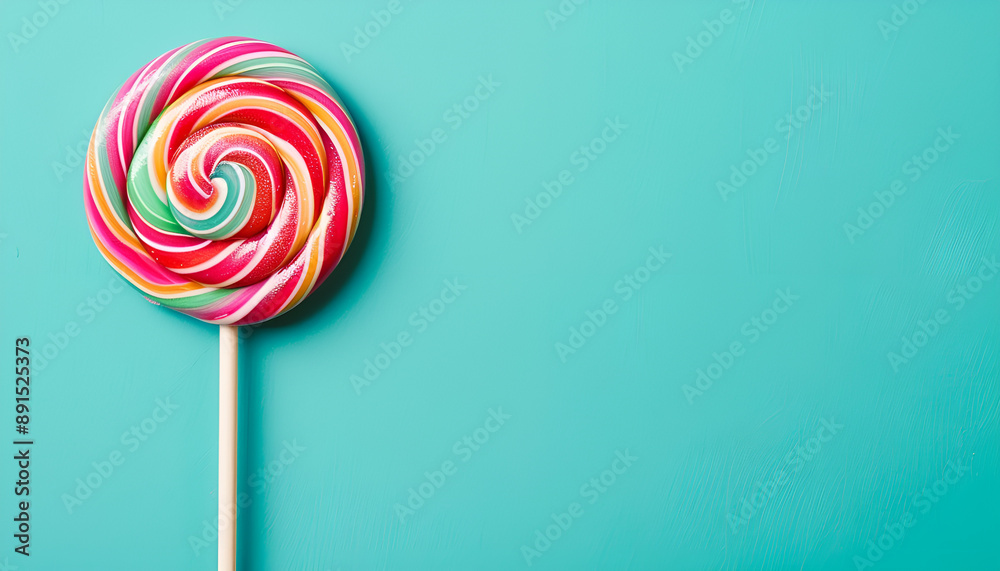 Tasty lollipop on turquoise background, top view Tasty lollipop on turquoise background, top view