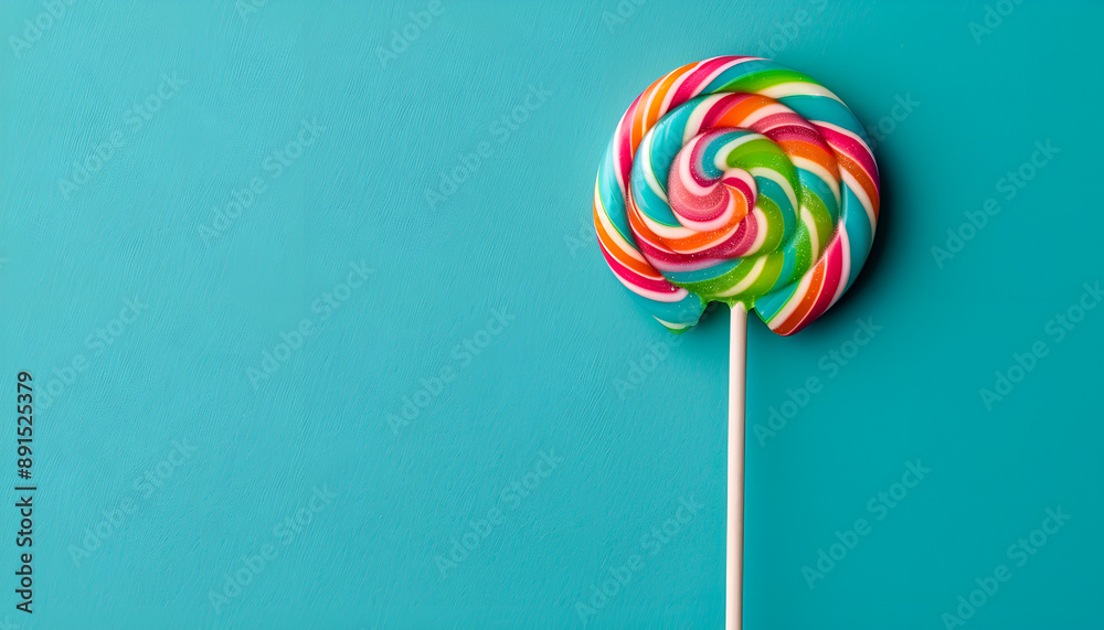 Tasty lollipop on turquoise background, top view