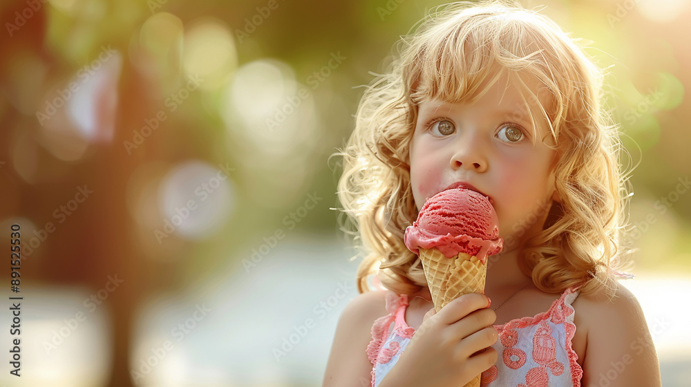 A little girl enjoying a strawberry ice cream cone in a park, highlighting a sweet moment of childhood in a sunny setting. A little girl enjoying a strawberry ice cream cone in a park, highlighting a sweet moment of childhood in a sunny setting.