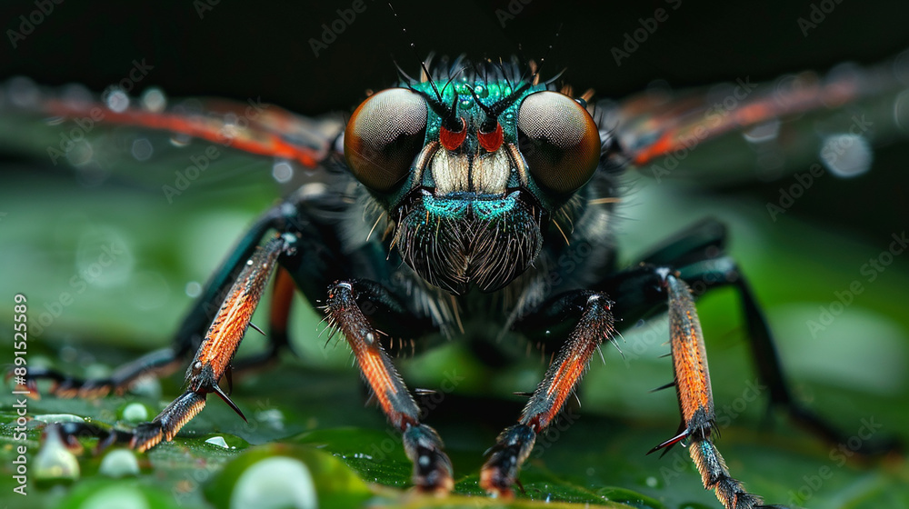 Fototapeta premium A macro shot of a fly with intricate details on its eyes and body, resting on a green leaf, representing the fascinating world of insects.