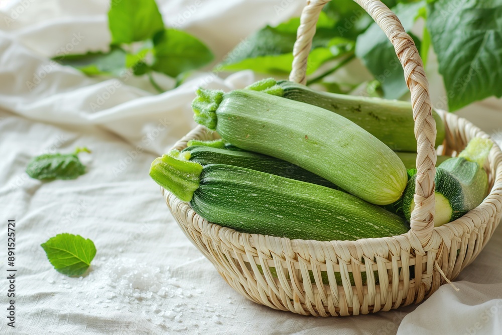 Vibrant Colors of Whole Zucchinis in Wicker Basket on White Tablecloth. Natural Light Photography Vibrant Colors of Whole Zucchinis in Wicker Basket on White Tablecloth. Natural Light Photography