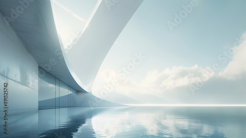 Futuristic White Architecture with Glass Curtain Wall and Curved Building, Reflecting in Calm Lake Against Light Blue Sky and White Clouds, Featuring Distant Mountains and Sea, High Definition Photogr photo