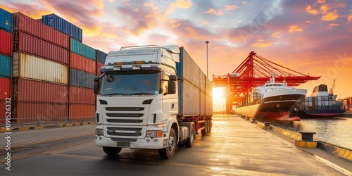 A truck carrying a container on a dock with a cargo ship in the background, representing the global logistics and transportation industry. 