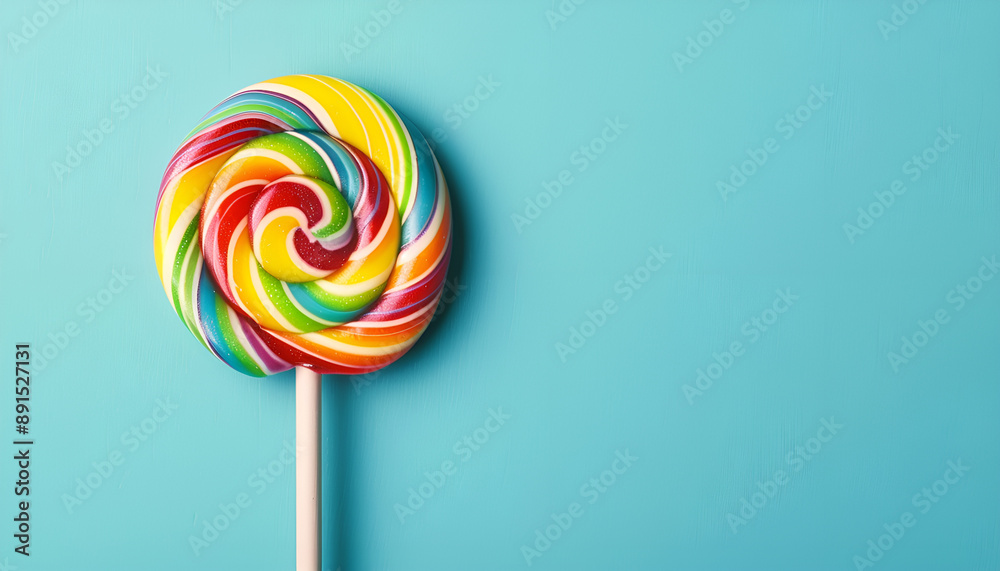Tasty lollipop on turquoise background, top view Tasty lollipop on turquoise background, top view