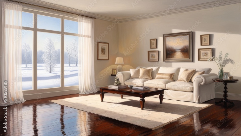 Fototapeta premium Serenene living room, rendered in warm and inviting oil paints, filled with gentle morning light that pours through the expansive window, casting a soft glow on the plush white sofa