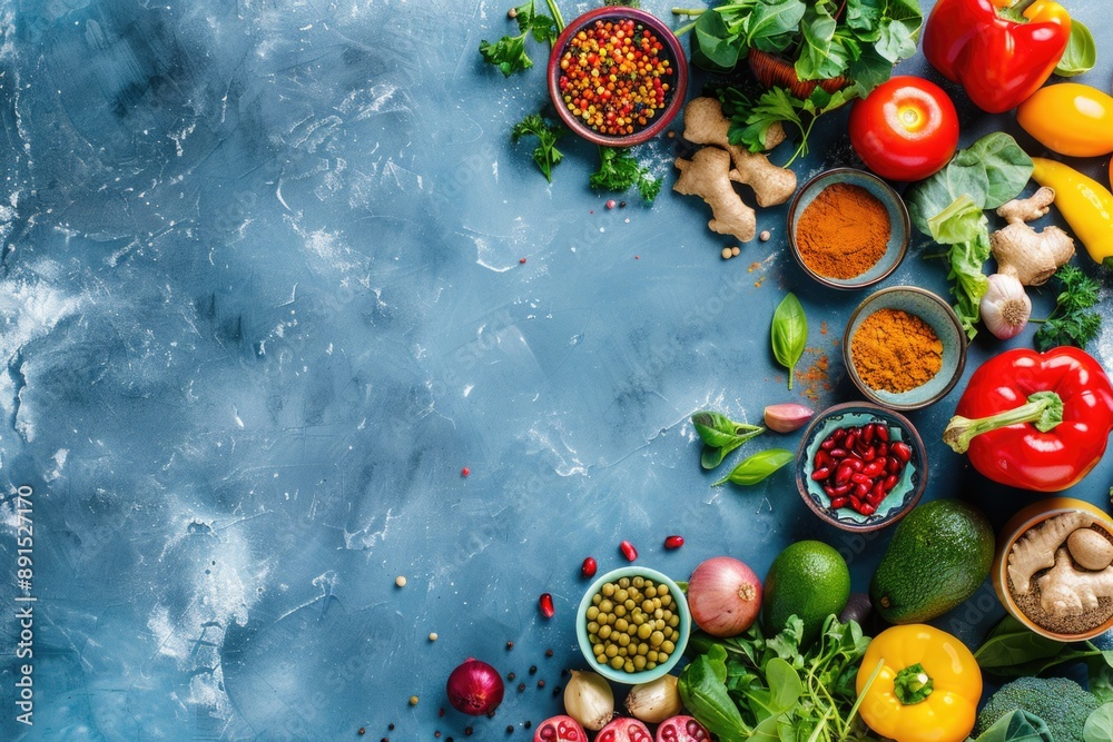 many different vegetables with text display on blue background many different vegetables with text display on blue background