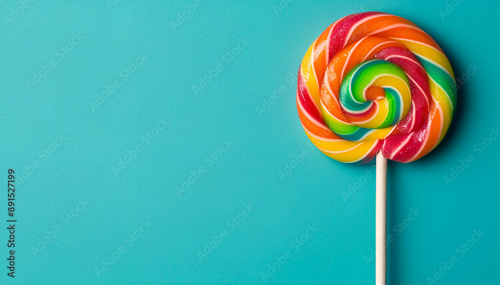 Tasty lollipop on turquoise background, top view Tasty lollipop on turquoise background, top view