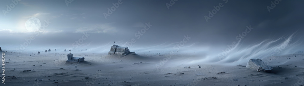 Eerie, desolate frozen landscape under a cloudy sky, with wind-swept snow and mysterious structures barely visible in the distance. Eerie, desolate frozen landscape under a cloudy sky, with wind-swept snow and mysterious structures barely visible in the distance.