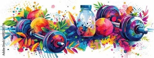 A colorful image of a gym with a bottle of protein powder, a weight set, and a tennis ball