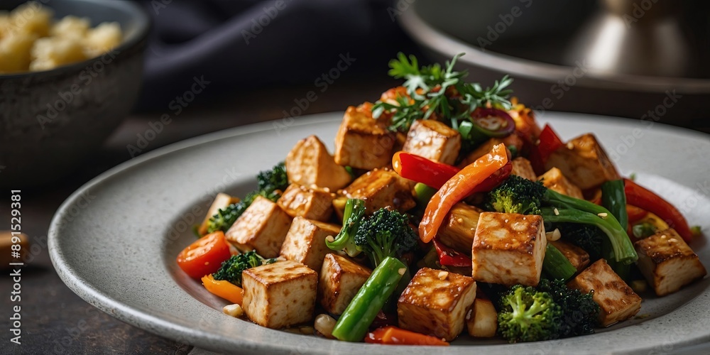 Artfully Presented Tofu Stir-Fry with Mixed Vegetables on a Plate. Artfully Presented Tofu Stir-Fry with Mixed Vegetables on a Plate.