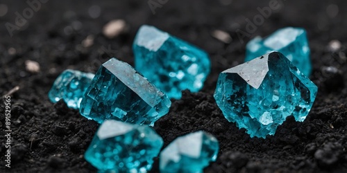 aquamarine crystals on black tar soil macro view, view, soil, crystals. photo