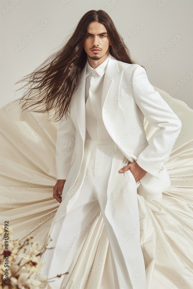 A man in a white suit and tie poses for a photo A man in a white suit and tie poses for a photo