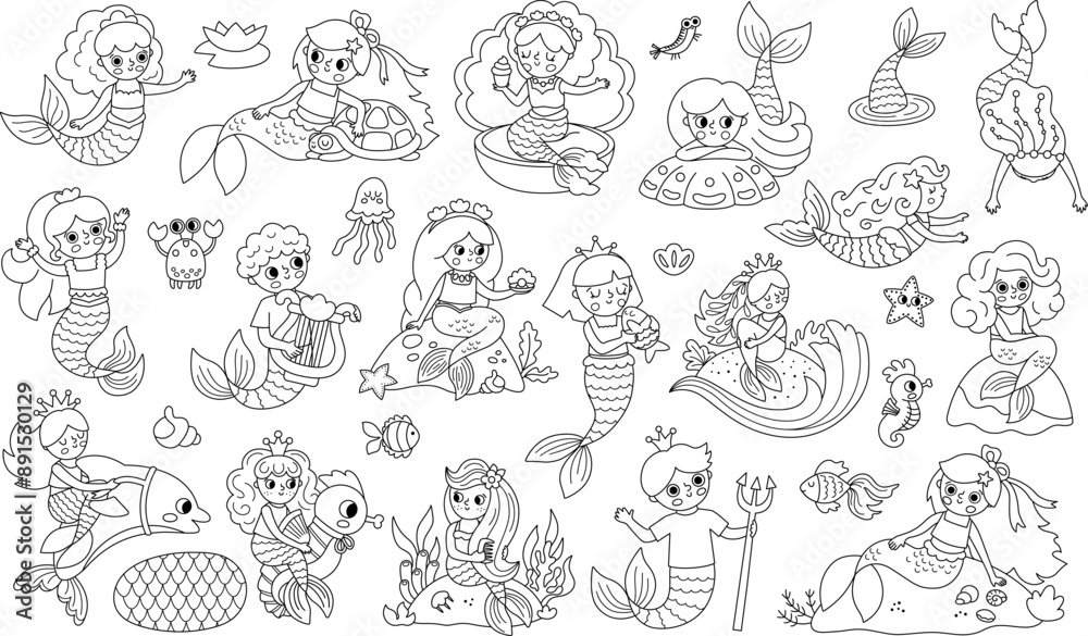 Fototapeta premium Vector black and white mermaids set. Underwater kingdom collection with ocean princess, prince. Fairytale line characters for kids. Water adventures clipart, coloring page with sirens