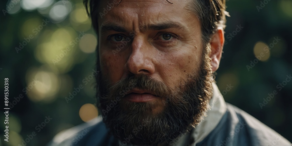 A man with a beard and sweat on his face. A man with a beard and sweat on his face.