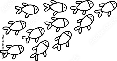 Vector black and white school of fish icon. Under the sea line illustration or coloring page with cute creature. Abstract ocean animal clipart. Cartoon underwater or marine clip art for children