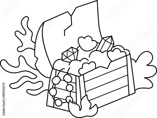 Opened black and white treasure chest with gold, seashells, beads. Pirate sunken wooden coffer with jewelry. Treasure island line element or coloring page. Old wood box icon with seaweeds