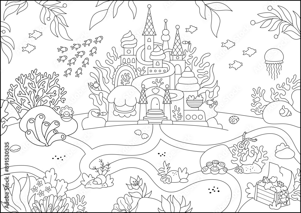 Fototapeta premium Vector black and white mermaid land landscape illustration with castle, fish, seaweeds, treasure. Under the sea or ocean kingdom line scene. Cute horizontal water nature background or coloring page