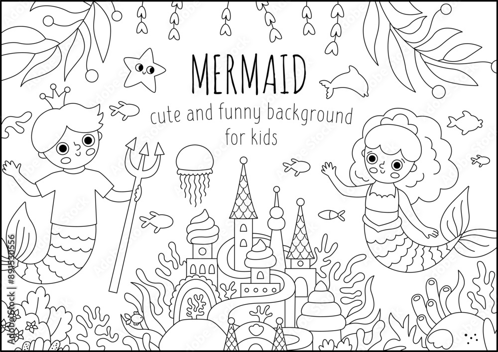 Fototapeta premium Vector black and white landscape illustration with mermaid and boy with trident, crown. Ocean or sea kingdom line scene with marine princess, prince, castle. Cute horizontal fairytale background