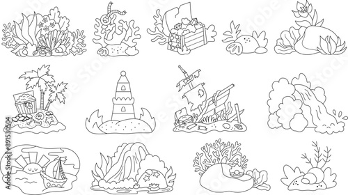 Vector black and white marine composition set with ship, treasure chest, deserted island. Mermaid, pirate, sea adventure concept collection. Ocean underwater landscape line clipart, coloring page