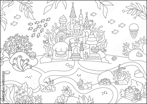 Wallpaper Mural Vector black and white mermaid land landscape illustration with castle, fish, seaweeds, treasure. Under the sea or ocean kingdom line scene. Cute horizontal water nature background or coloring page Torontodigital.ca