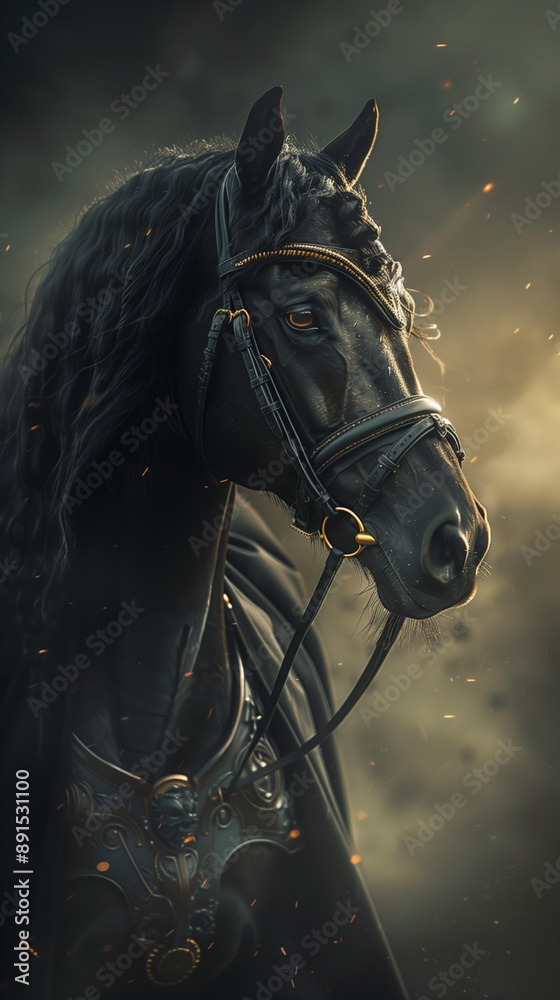 A majestic black horse adorned with an ornate bridle stands in a dark, dramatic setting A majestic black horse adorned with an ornate bridle stands in a dark, dramatic setting