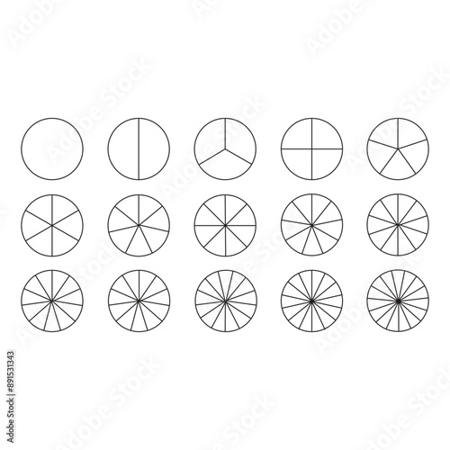 Segment slice icon. Pie chart template. Circle section graph line art. 1,2,3,4,5,6,7,8,9,10,11,12,13,14,15 segments infographic. Diagram wheel parts. Geometric element.