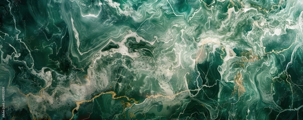 Green and white fluid painting with gold glitter veins resembling malachite Green and white fluid painting with gold glitter veins resembling malachite