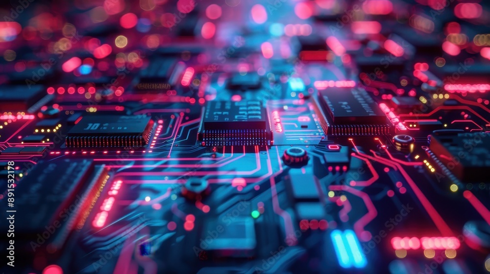 Fototapeta premium A computer chip is shown in a bright red and blue color scheme