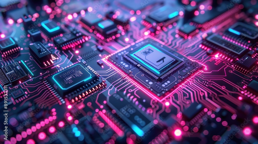 A computer chip with a blue and pink background A computer chip with a blue and pink background