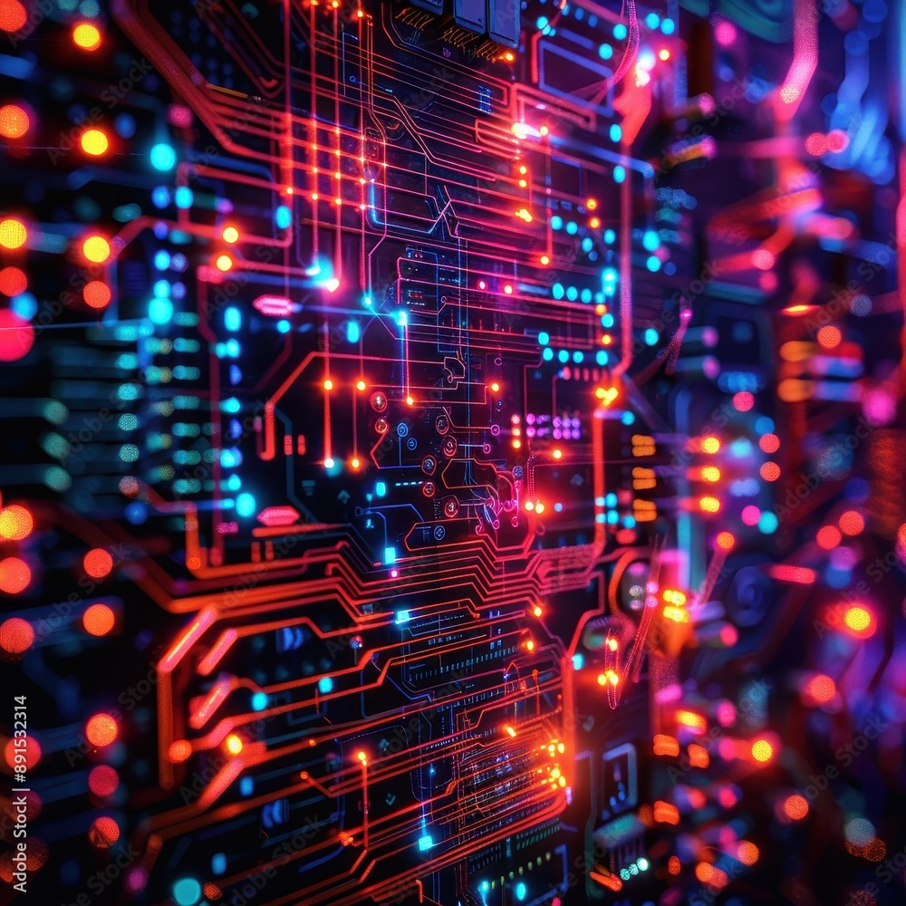 A computer chip with many lights on it