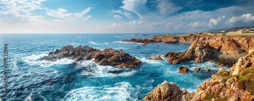 A rugged coastline with waves crashing on rocks.