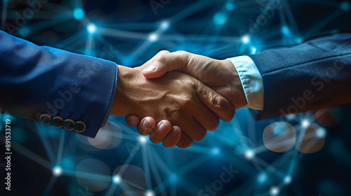 Businessman and Tech Entrepreneur Shaking Hands in Successful Partnership with Copy Space Background