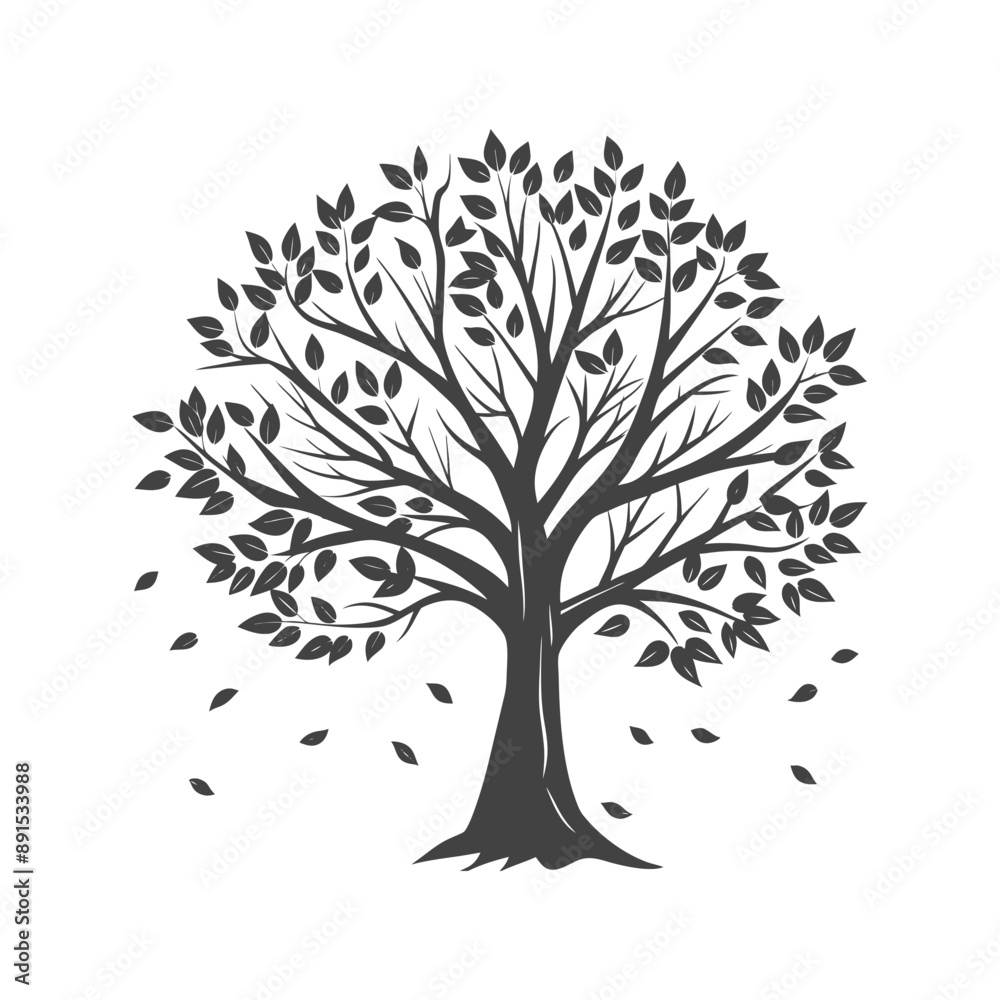Silhouette of an autumn tree with falling leaves on a white background. Black and white illustration, sketch, design element Silhouette of an autumn tree with falling leaves on a white background. Black and white illustration, sketch, design element
