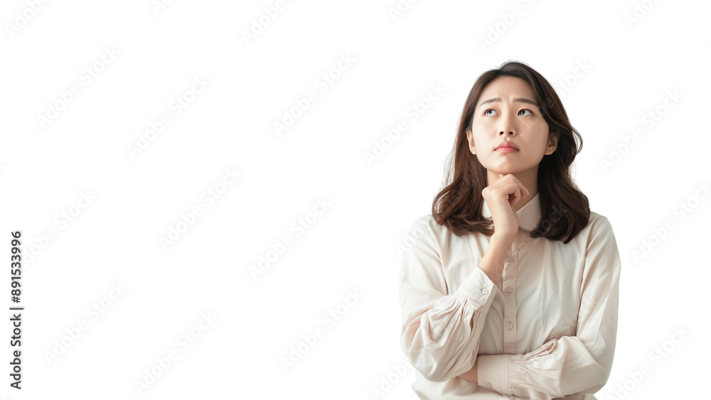 Woman thinking while looking up,doubtful and hesitant,isolated on white background,web banner. Woman thinking while looking up,doubtful and hesitant,isolated on white background,web banner.