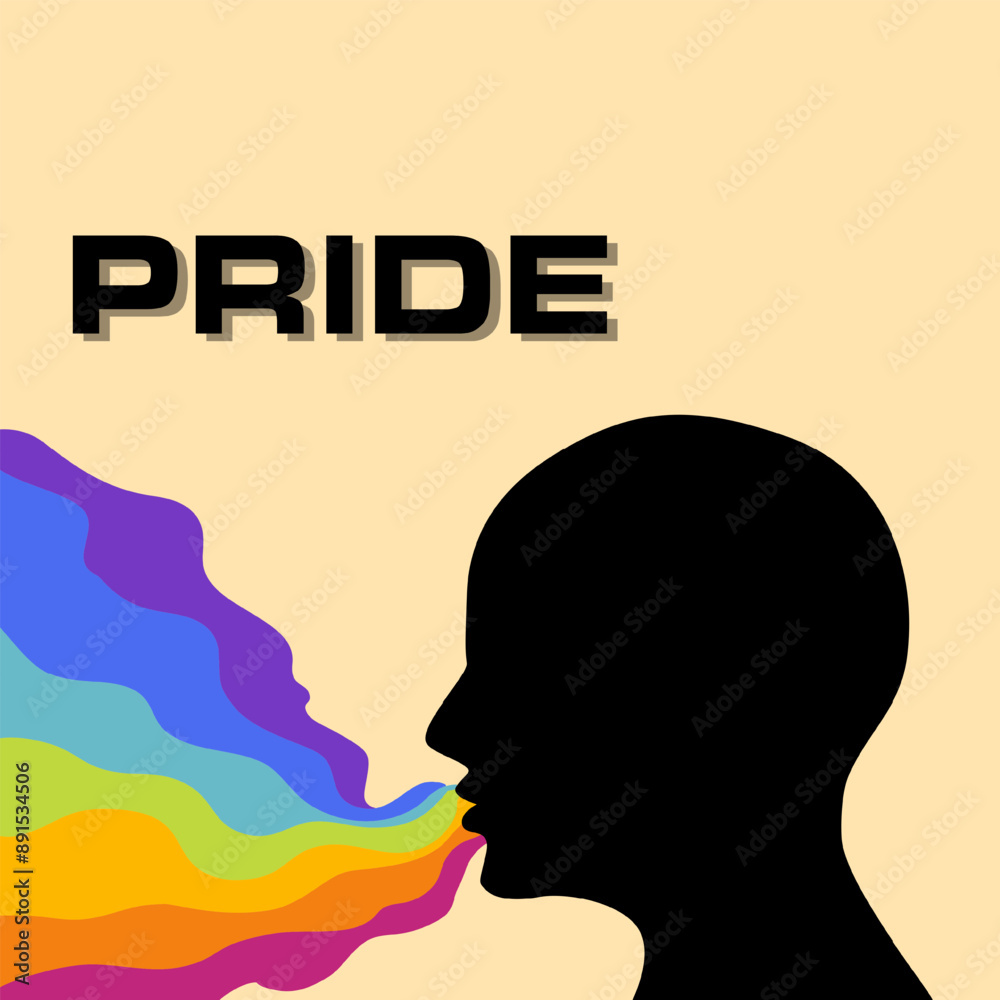 Silhouette of a face exhaling a rainbow with the word 'PRIDE' above, symbolizing pride in LGBTQ+ diversity. Silhouette of a face exhaling a rainbow with the word 'PRIDE' above, symbolizing pride in LGBTQ+ diversity.